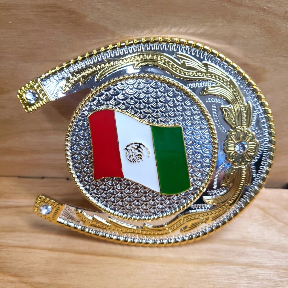 Beautiful Mexico Belt Buckle,Mexican Flag, Silver, Gold, Horseshoe, Rhinestones